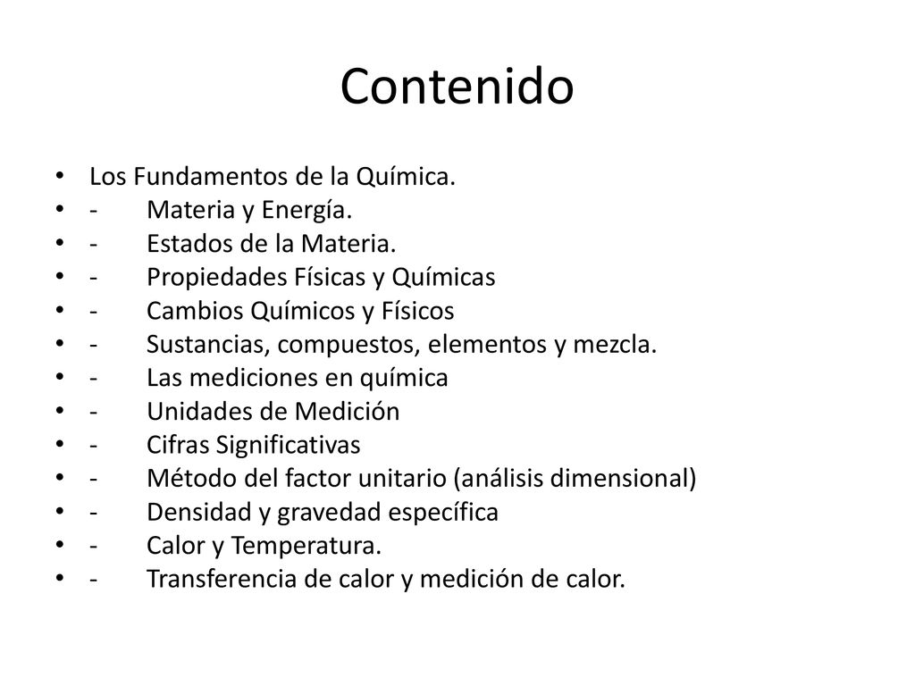 Contenido Los Fundamentos de la Química. - Materia y Energía.