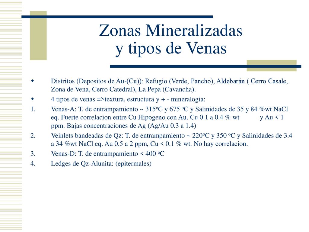 Zonas Mineralizadas y tipos de Venas