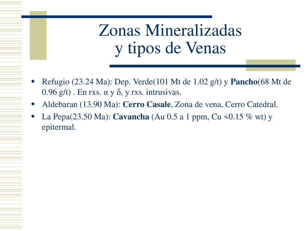 Zonas Mineralizadas y tipos de Venas