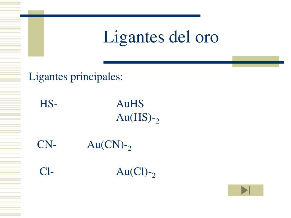 Ligantes del oro Ligantes principales: HS- AuHS Au(HS)-2 CN- Au(CN)-2