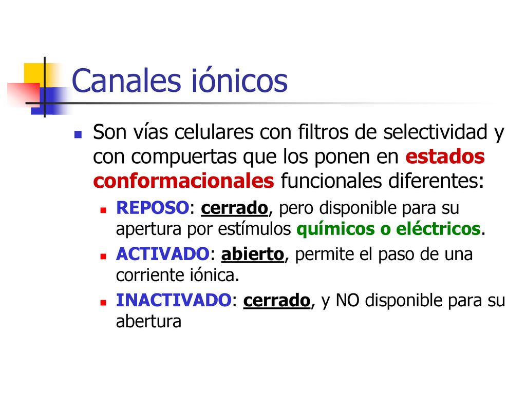 Canales iónicos Son vías celulares con filtros de selectividad y con compuertas que los ponen en estados conformacionales funcionales diferentes: