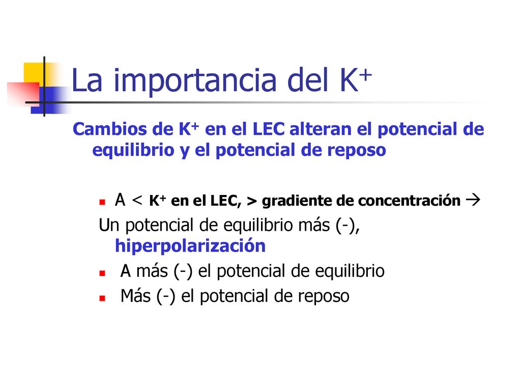 La importancia del K+ Cambios de K+ en el LEC alteran el potencial de equilibrio y el potencial de reposo.