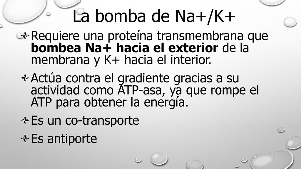 14/01/10 La bomba de Na+/K+ Requiere una proteína transmembrana que bombea Na+ hacia el exterior de la membrana y K+ hacia el interior.