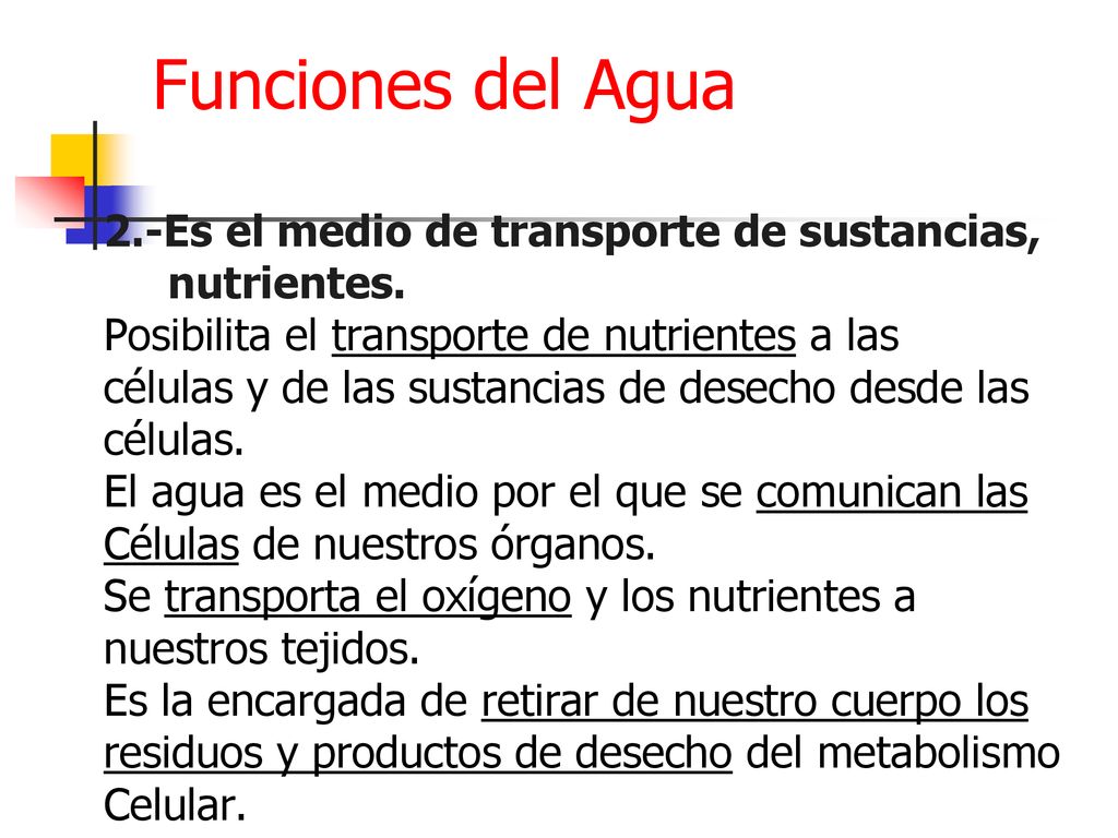 Funciones del Agua 2.-Es el medio de transporte de sustancias,