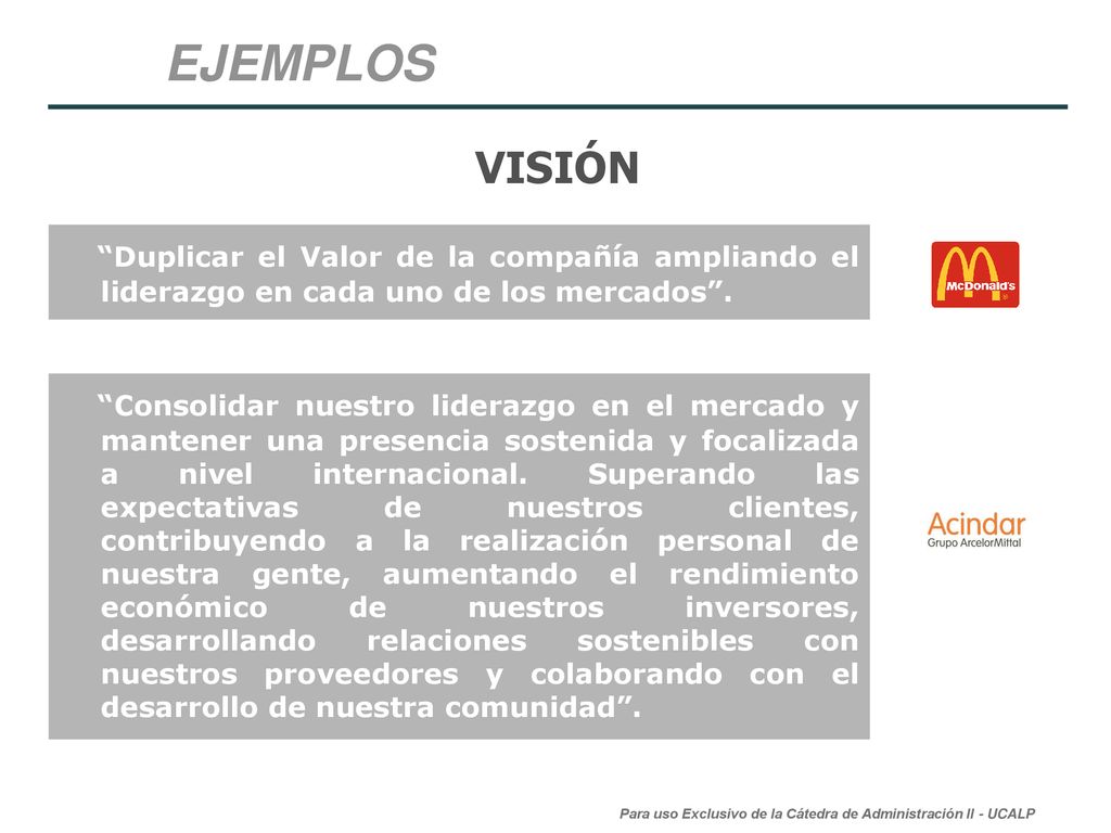 EJEMPLOS VISIÓN. Duplicar el Valor de la compañía ampliando el liderazgo en cada uno de los mercados .