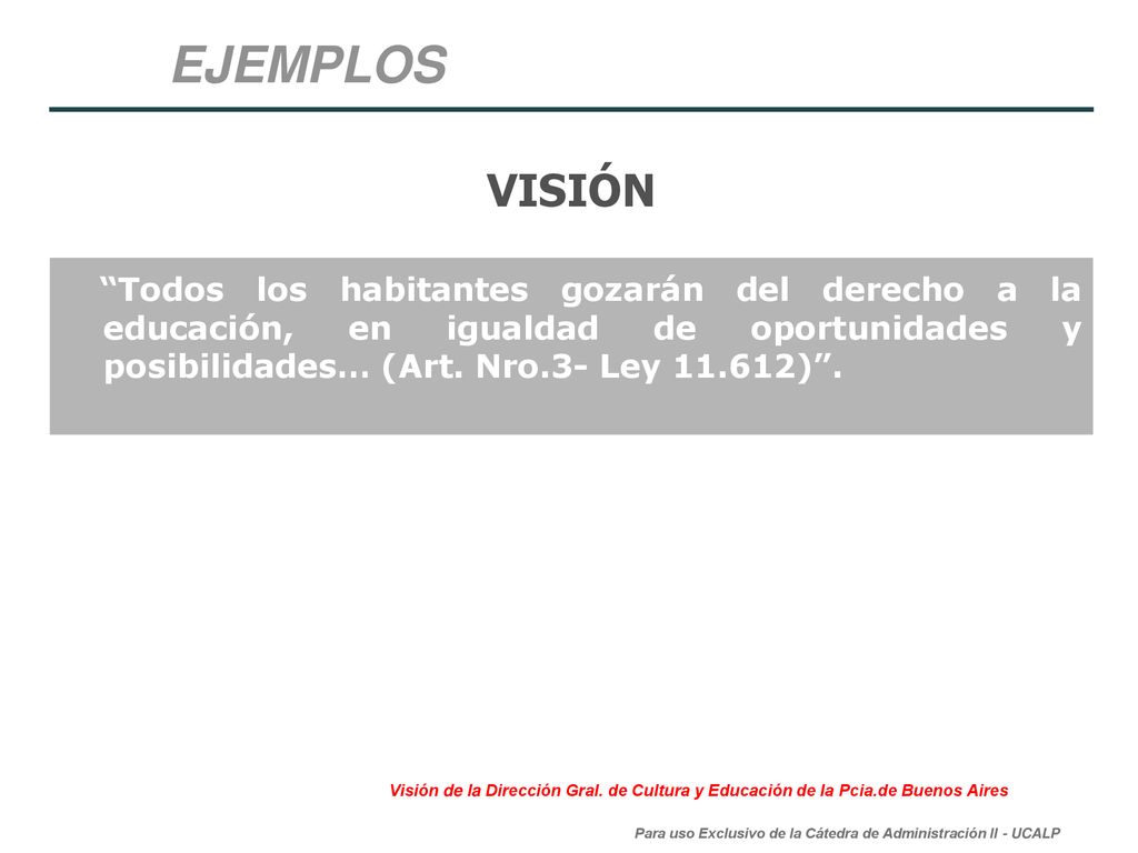 EJEMPLOS VISIÓN. Todos los habitantes gozarán del derecho a la educación, en igualdad de oportunidades y posibilidades… (Art. Nro.3- Ley ) .