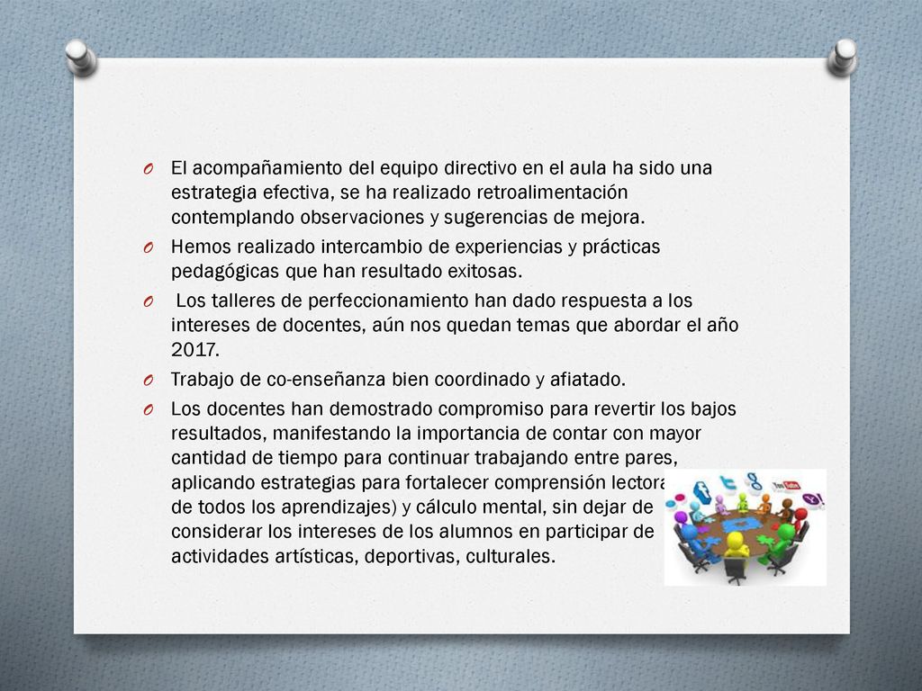 El acompañamiento del equipo directivo en el aula ha sido una estrategia efectiva, se ha realizado retroalimentación contemplando observaciones y sugerencias de mejora.