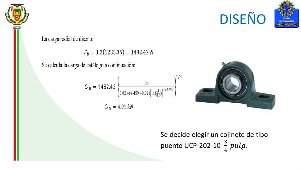 DISEÑO Se decide elegir un cojinete de tipo puente UCP 𝑝𝑢𝑙𝑔.