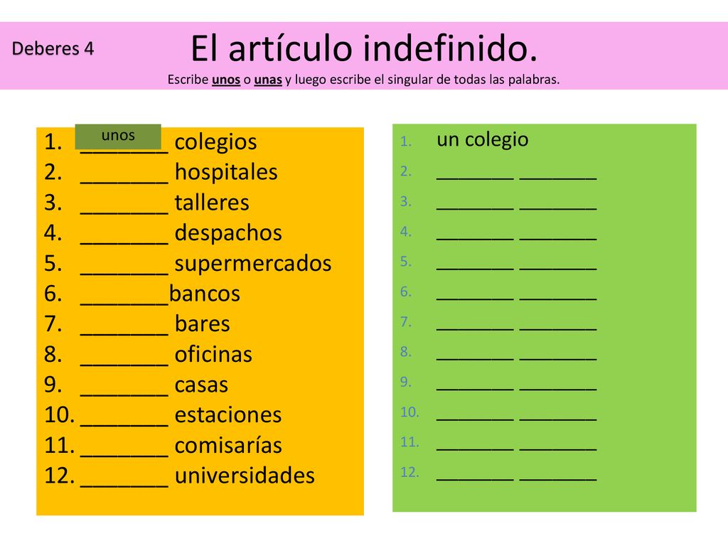 Deberes 4 El artículo indefinido. Escribe unos o unas y luego escribe el singular de todas las palabras.