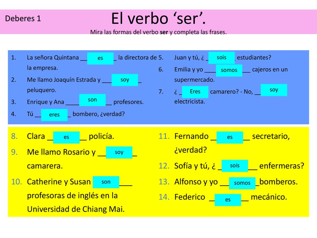 El verbo ‘ser’. Mira las formas del verbo ser y completa las frases.