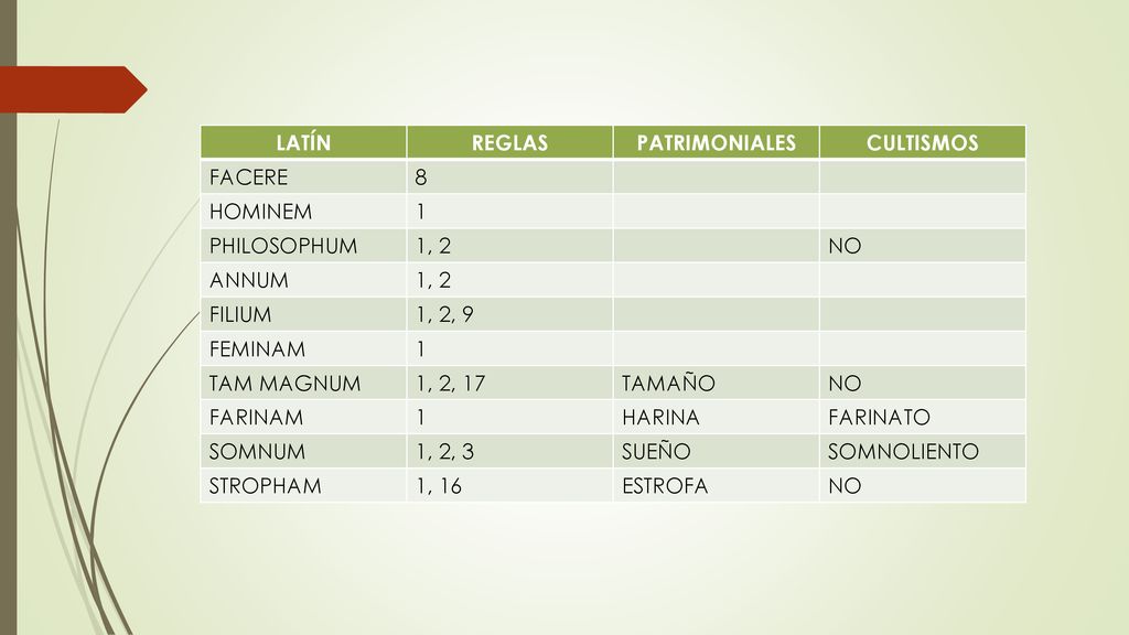 LATÍN REGLAS. PATRIMONIALES. CULTISMOS. FACERE. 8. HOMINEM. 1. PHILOSOPHUM. 1, 2. NO. ANNUM.