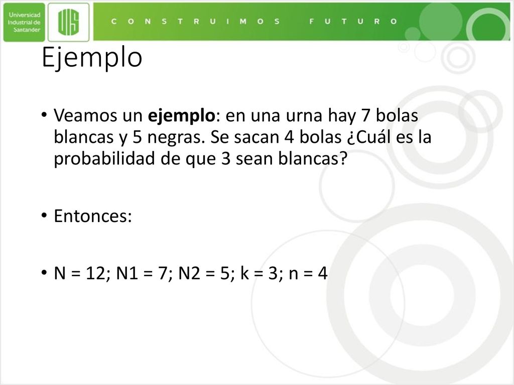 Ejemplo Veamos un ejemplo: en una urna hay 7 bolas blancas y 5 negras. Se sacan 4 bolas ¿Cuál es la probabilidad de que 3 sean blancas