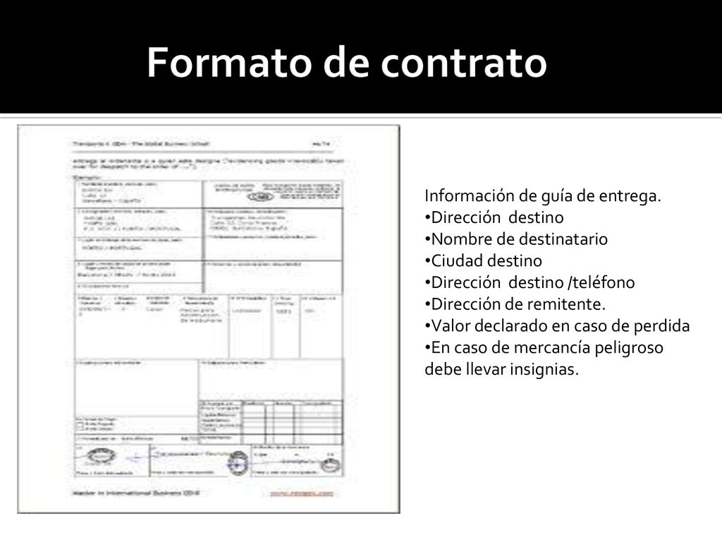 Formato de contrato Información de guía de entrega. Dirección destino