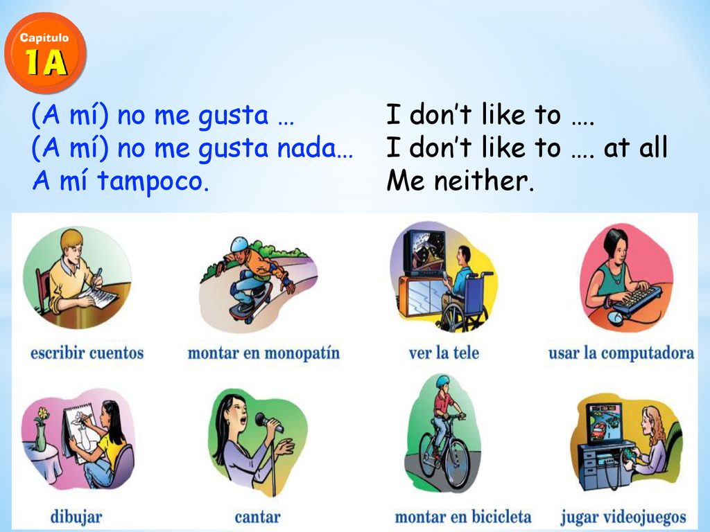 (A mí) no me gusta … I don’t like to ….