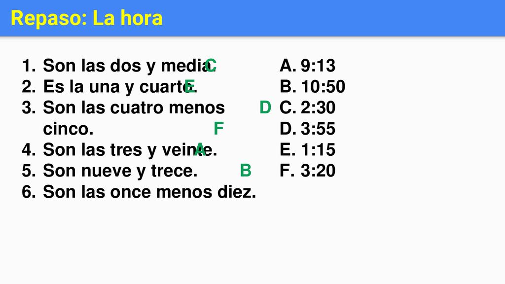 Repaso: La hora Son las dos y media. Es la una y cuarto.