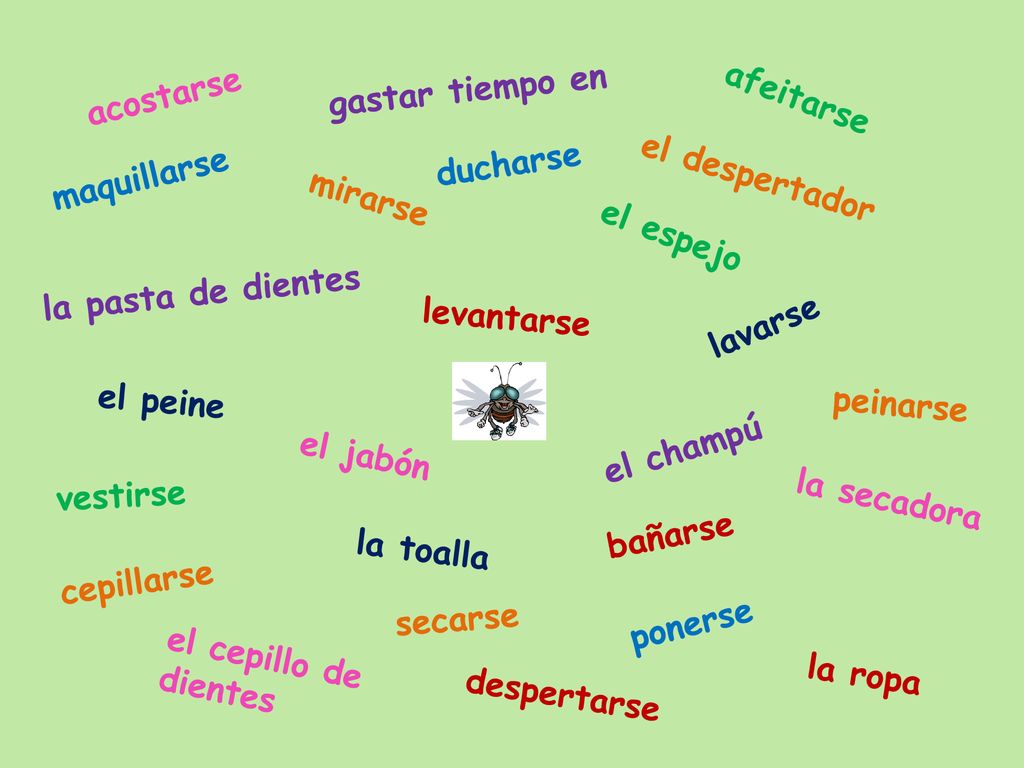 acostarse gastar tiempo en. afeitarse. ducharse. maquillarse. el despertador. mirarse. el espejo.
