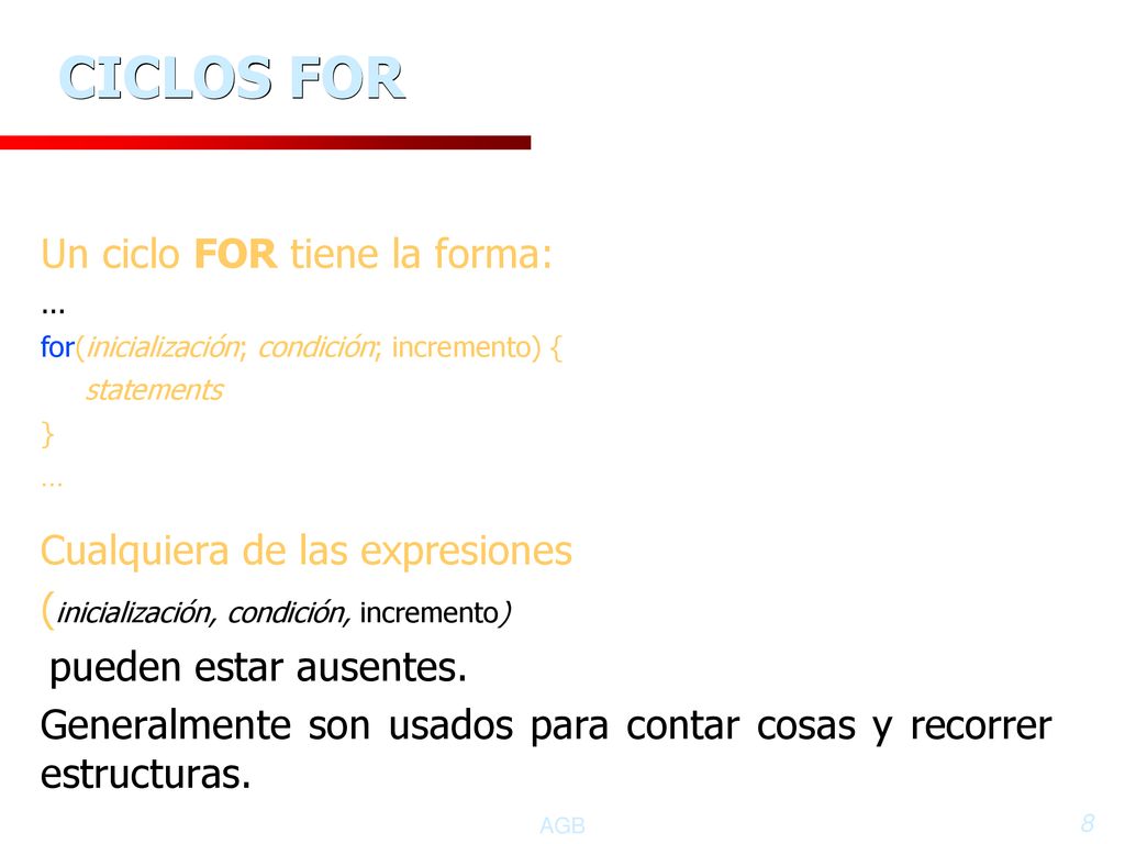 CICLOS FOR Un ciclo FOR tiene la forma: Cualquiera de las expresiones