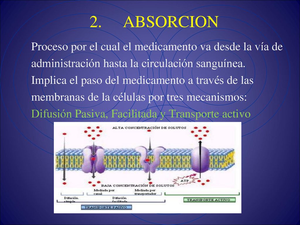 2. ABSORCION Proceso por el cual el medicamento va desde la vía de