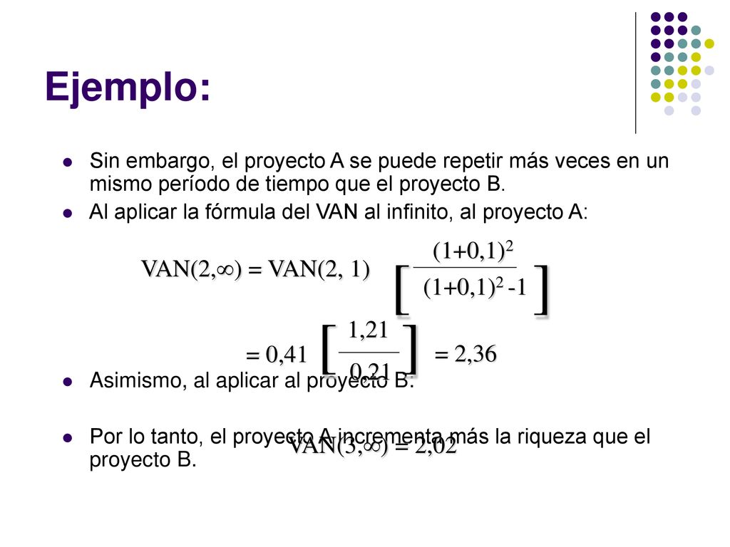 [ ] [ ] Ejemplo: VAN(2,) = VAN(2, 1) (1+0,1)2 (1+0,1)2 -1 = 0,41 1,21