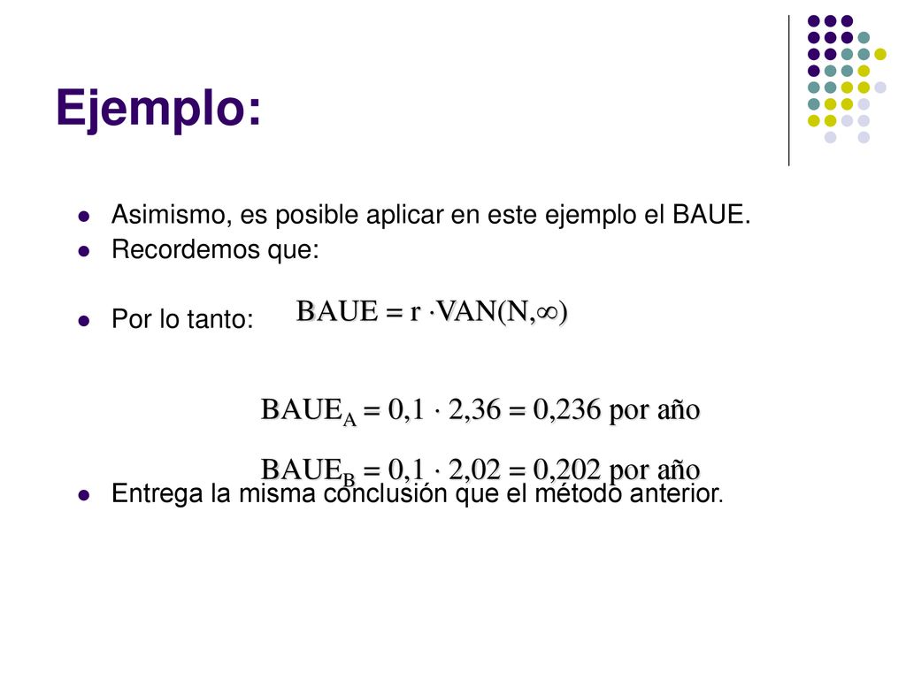 Ejemplo: BAUE = r VAN(N,) BAUEA = 0,1  2,36 = 0,236 por año