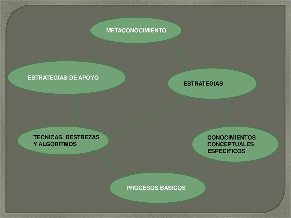 METACONOCIMIENTO ESTRATEGIAS DE APOYO. ESTRATEGIAS. TECNICAS, DESTREZAS. Y ALGORITMOS. CONOCIMIENTOS.