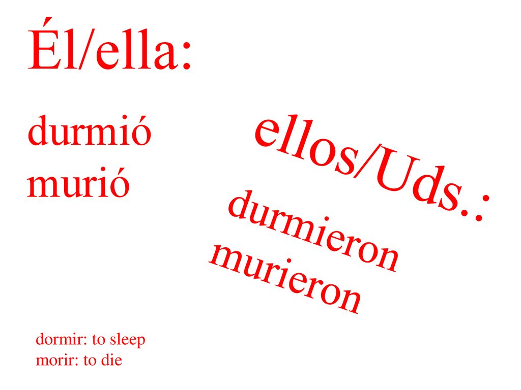 Él/ella: ellos/Uds.: durmió murió durmieron murieron dormir: to sleep