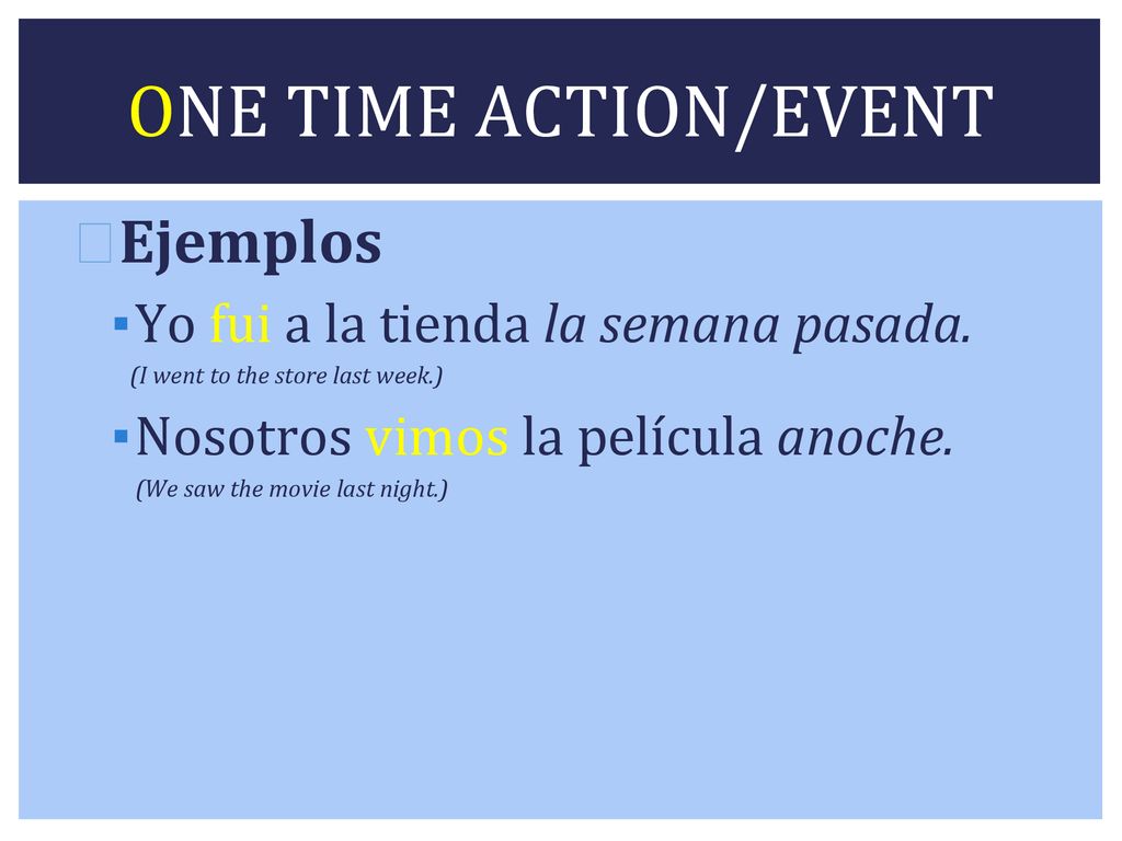 ONE TIME ACTION/EVENT Ejemplos Yo fui a la tienda la semana pasada.