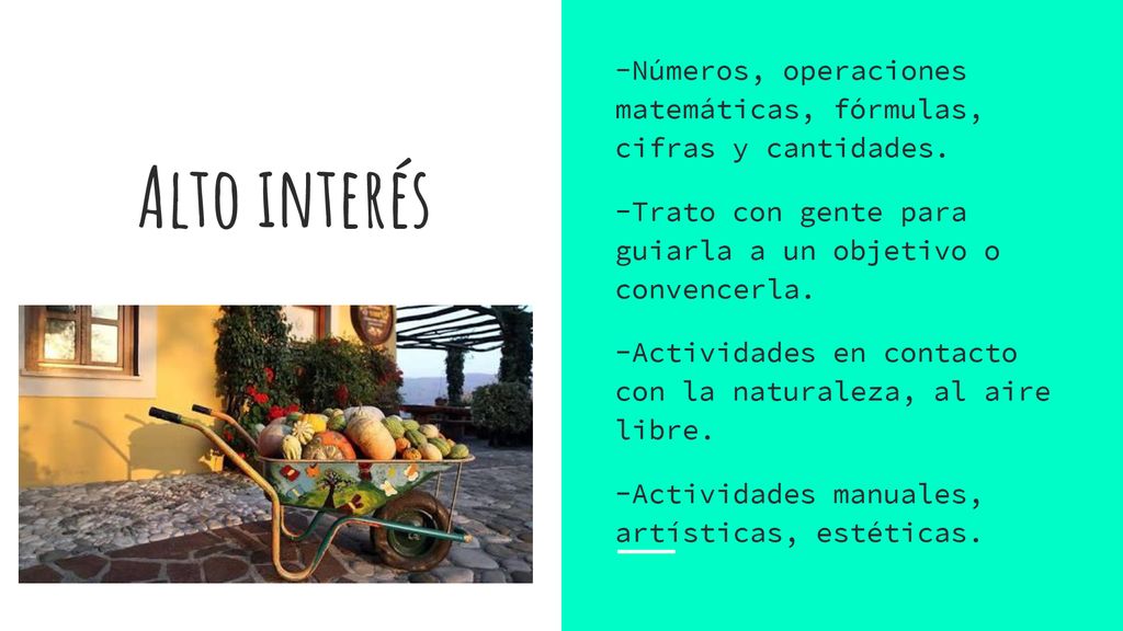 Alto interés -Números, operaciones matemáticas, fórmulas, cifras y cantidades. -Trato con gente para guiarla a un objetivo o convencerla.