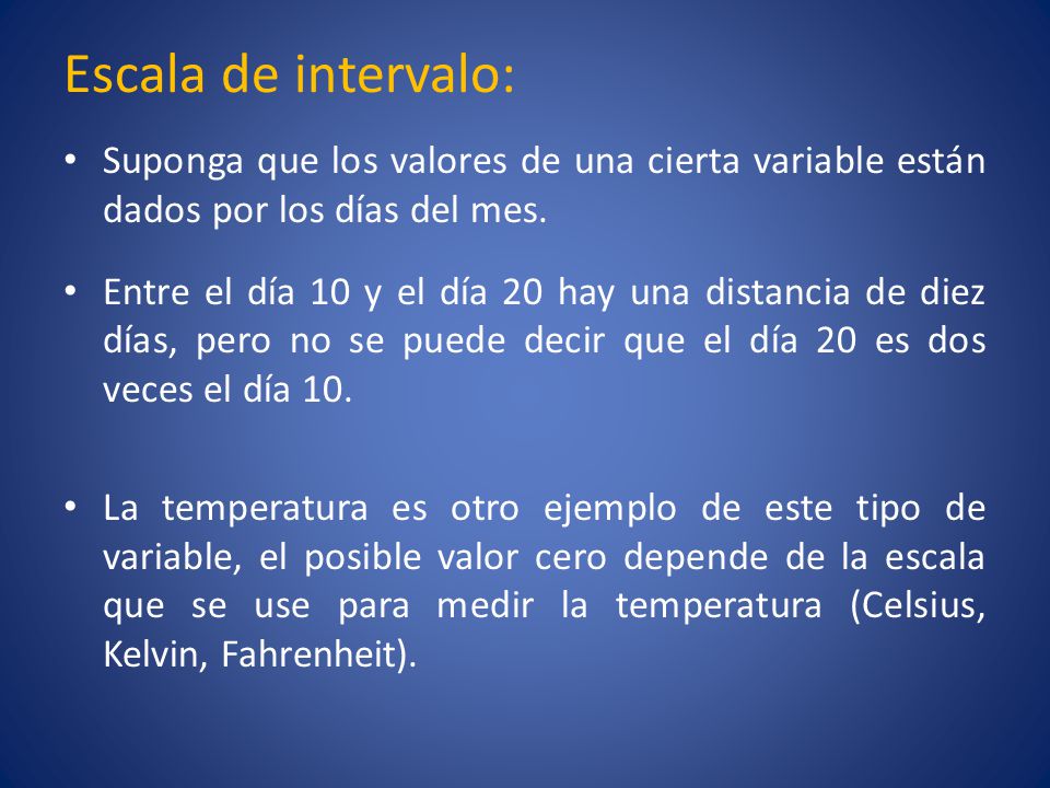 Escala de intervalo: Suponga que los valores de una cierta variable están dados por los días del mes.