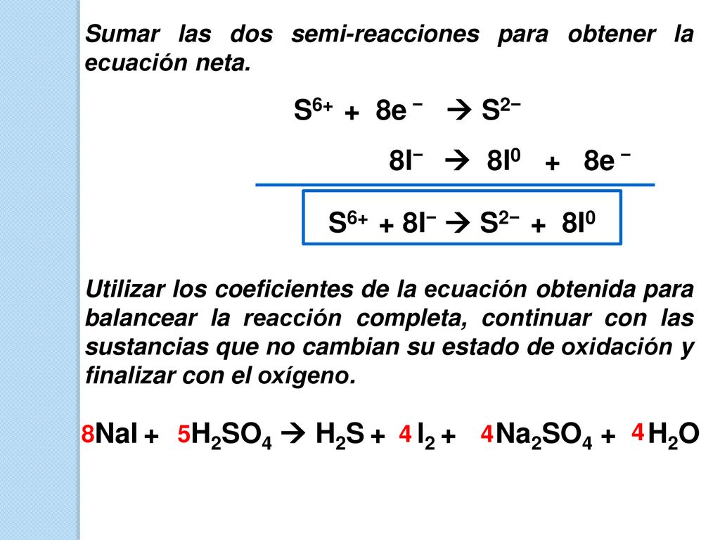NaI + H2SO4  H2S + l2 + Na2SO4 + H2O
