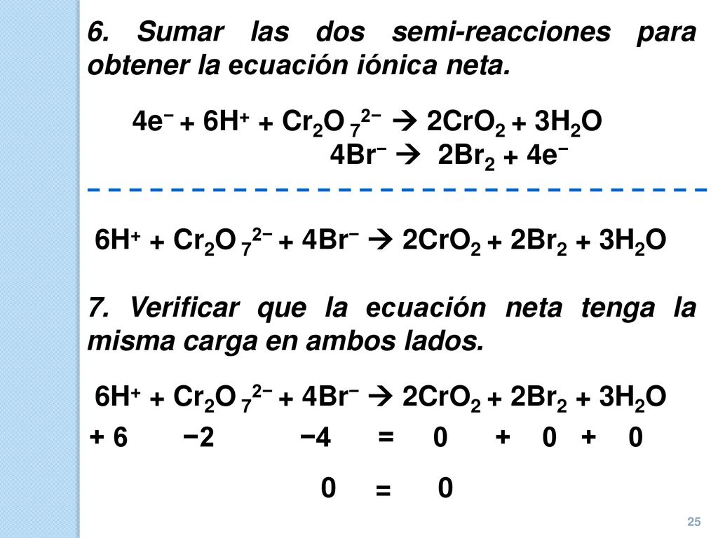 6. Sumar las dos semi-reacciones para obtener la ecuación iónica neta.