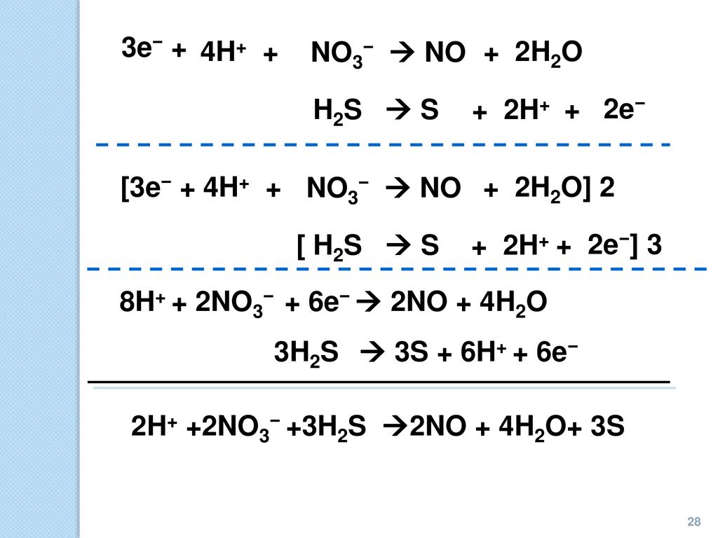 NO3−  NO 3e− + 4H H2O. + 2e− H2S  S. + 2H+ NO3−  NO. [ H2S  S. + 2H2O] 2.