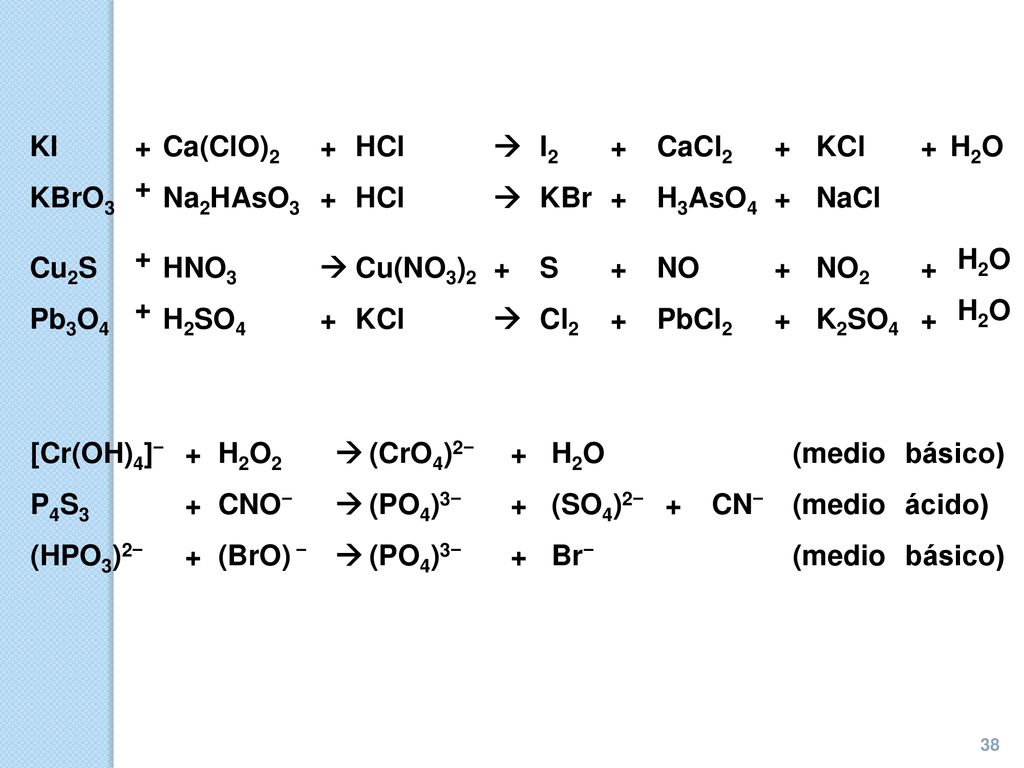KI + Ca(ClO)2. HCl.  I2. CaCl2. KCl. H2O. KBrO3. Na2HAsO3. KBr. H3AsO4. NaCl. Cu2S.