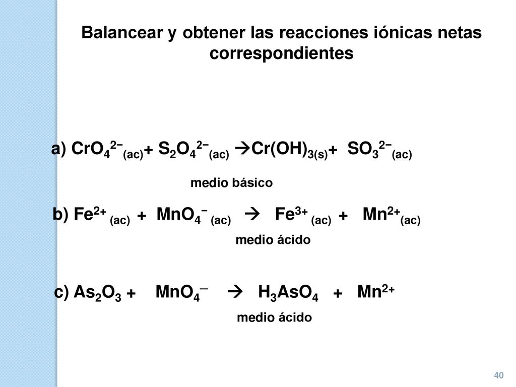 Balancear y obtener las reacciones iónicas netas correspondientes