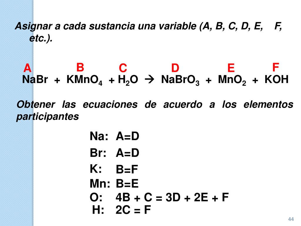 A B C D E F Na: A=D Br: A=D K: B=F Mn: B=E O: 4B + C = 3D + 2E + F H: