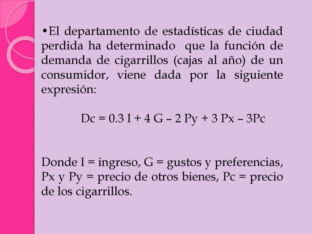 El departamento de estadísticas de ciudad perdida ha determinado que la función de demanda de cigarrillos (cajas al año) de un consumidor, viene dada por la siguiente expresión: