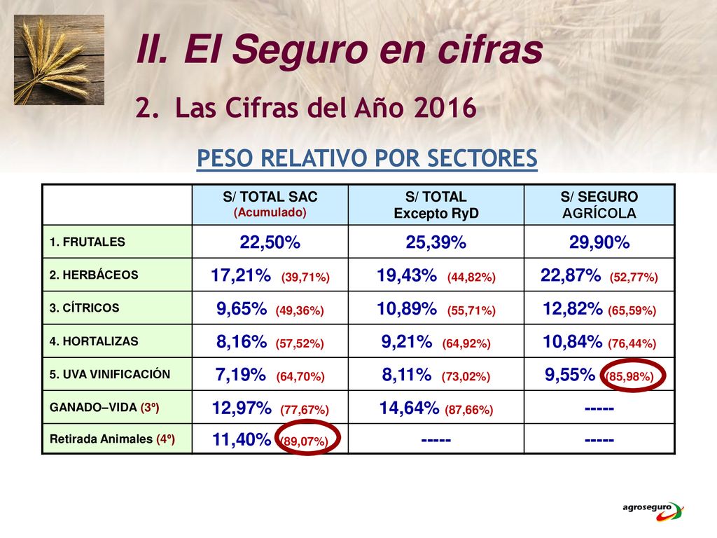 EI Seguro en cifras Las Cifras del Año 2016 PESO RELATIVO POR SECTORES