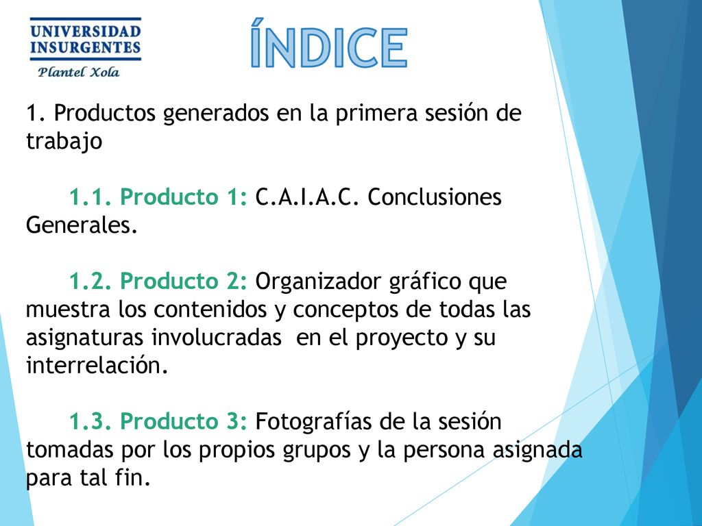 ÍNDICE 1. Productos generados en la primera sesión de trabajo