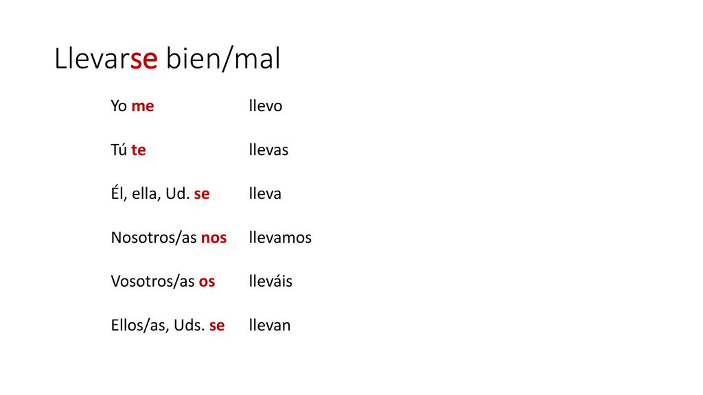 Llevarse bien/mal Yo me llevo Tú te llevas Él, ella, Ud. se lleva