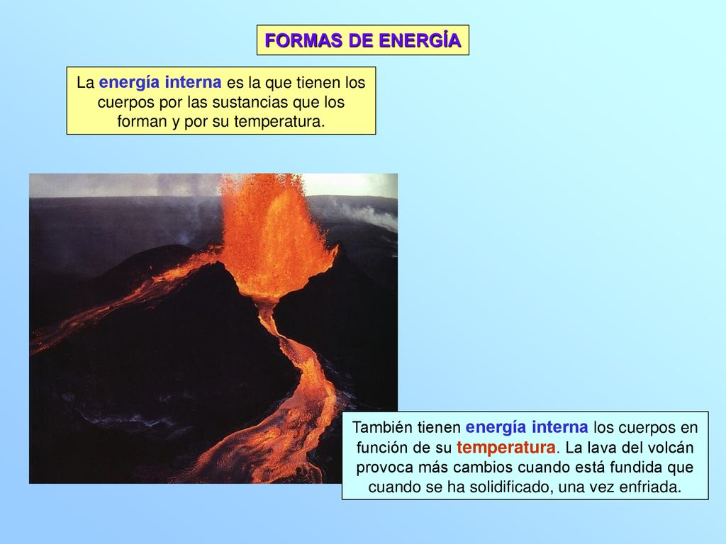 FORMAS DE ENERGÍA La energía interna es la que tienen los cuerpos por las sustancias que los forman y por su temperatura.