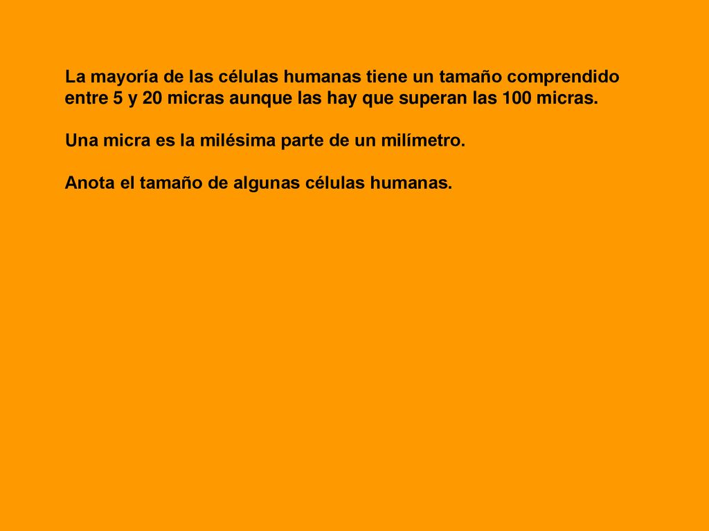 La mayoría de las células humanas tiene un tamaño comprendido