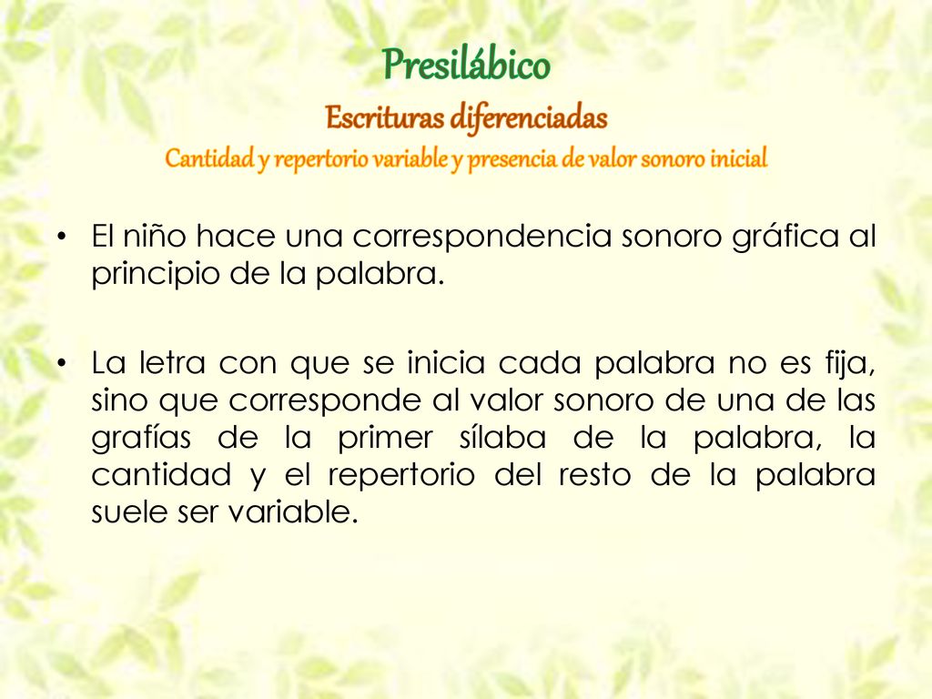 Presilábico Escrituras diferenciadas Cantidad y repertorio variable y presencia de valor sonoro inicial