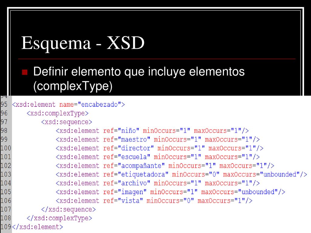 Esquema - XSD Definir elemento que incluye elementos (complexType)