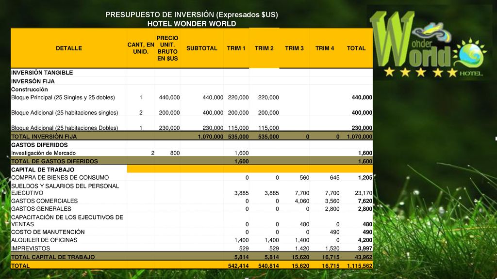 PRESUPUESTO DE INVERSIÓN (Expresados $US) PRECIO UNIT. BRUTO EN $US
