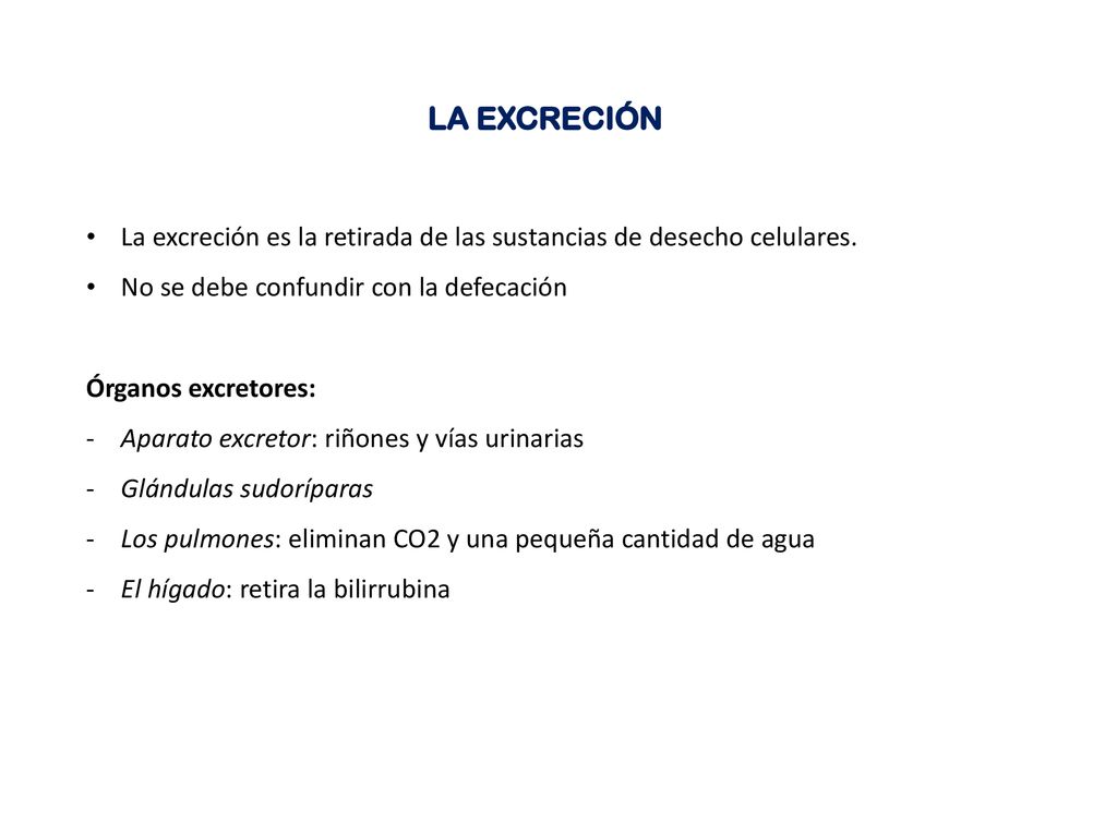 LA EXCRECIÓN La excreción es la retirada de las sustancias de desecho celulares. No se debe confundir con la defecación.