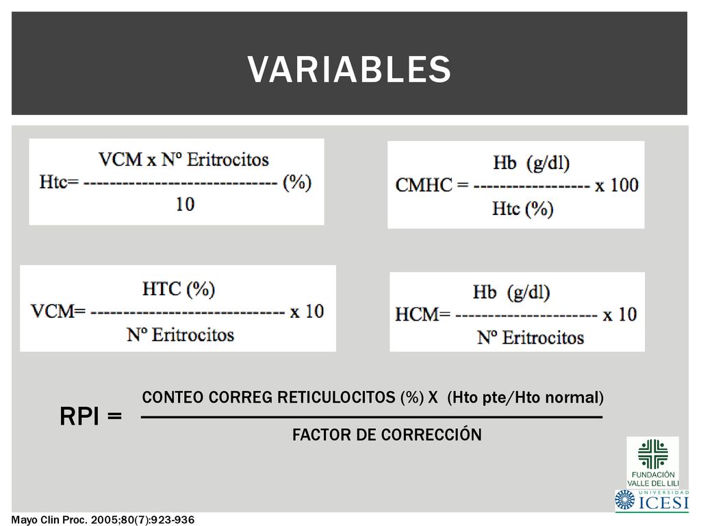 variables RPI = CONTEO CORREG RETICULOCITOS (%) X (Hto pte/Hto normal)