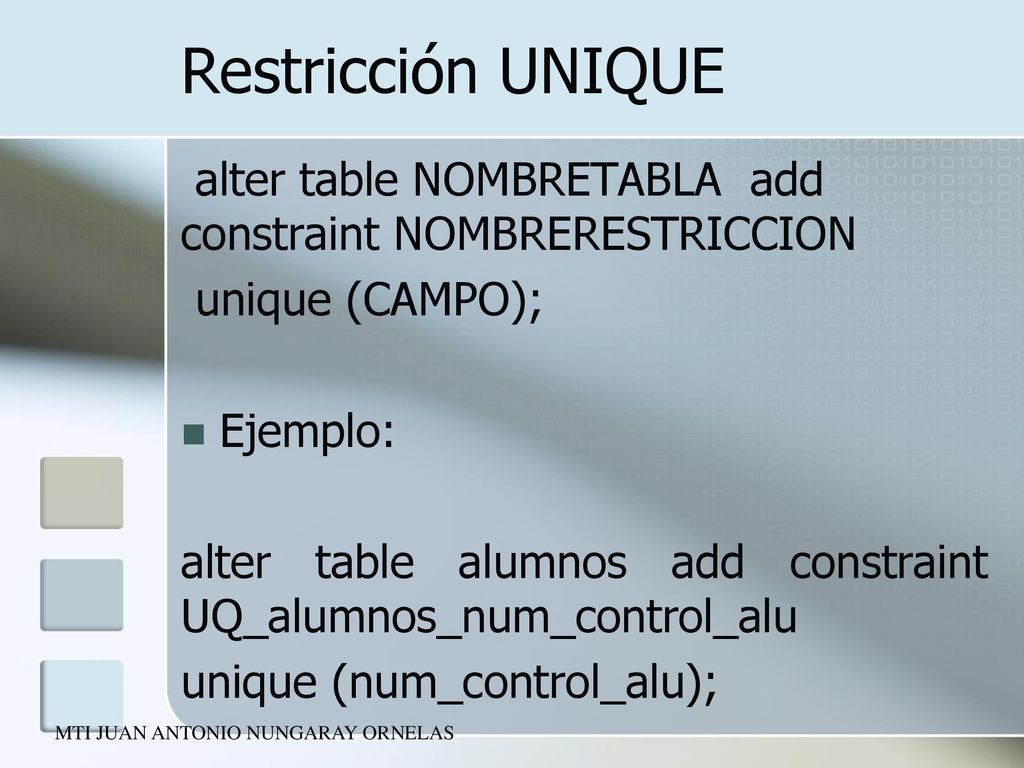 Restricción UNIQUE alter table NOMBRETABLA add constraint NOMBRERESTRICCION. unique (CAMPO); Ejemplo: