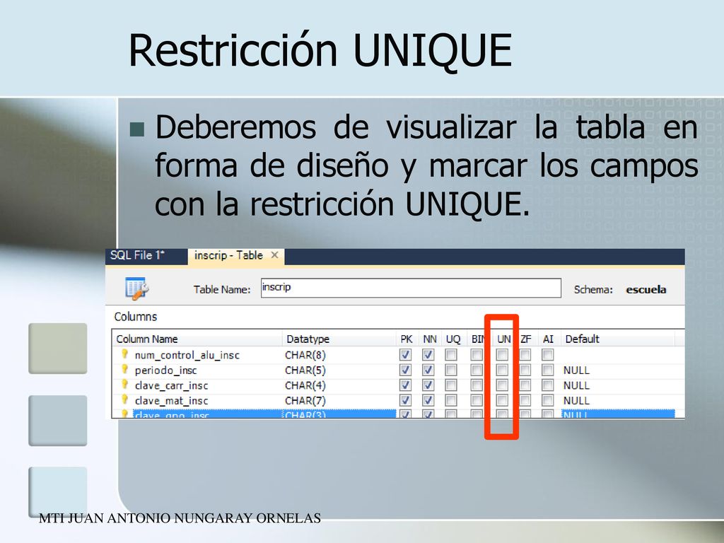 Restricción UNIQUE Deberemos de visualizar la tabla en forma de diseño y marcar los campos con la restricción UNIQUE.