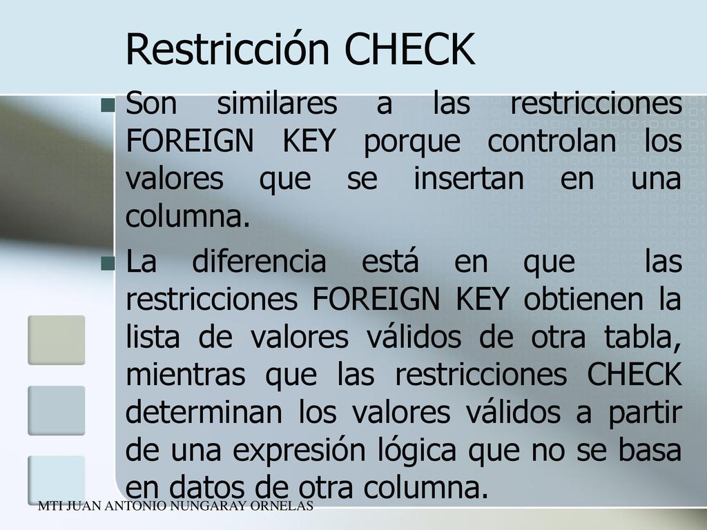 Restricción CHECK Son similares a las restricciones FOREIGN KEY porque controlan los valores que se insertan en una columna.