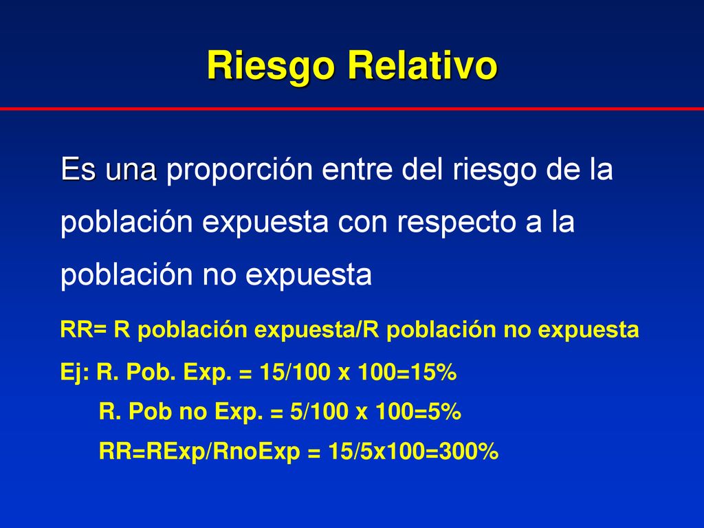 Riesgo Relativo Es una proporción entre del riesgo de la población expuesta con respecto a la población no expuesta.